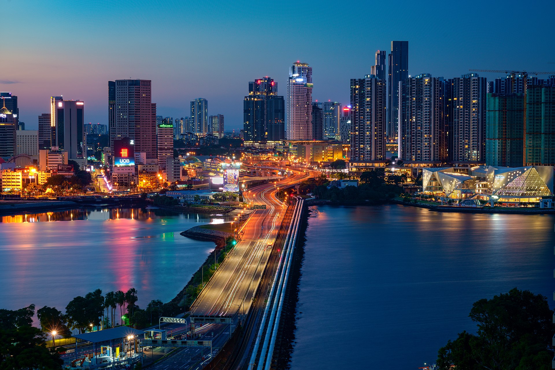The Johor–Singapore Causeway. The end of Singaporean territory in the foreground and start of Malaysian territory in the background