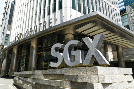 Exterior view of the SGX Centre in Singapore featuring a prominent metallic SGX sculpture, representing the Singapore Exchange in the heart of the financial district.