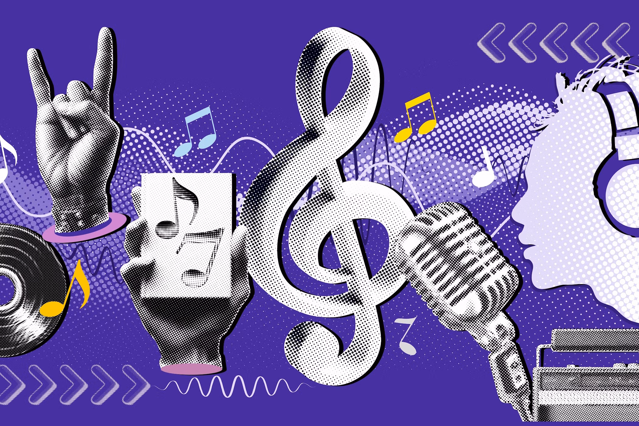 Pop-art style digital collage featuring music symbols, hands holding notes, a vinyl record, microphone, and a person wearing headphones, all set against a vibrant purple background.