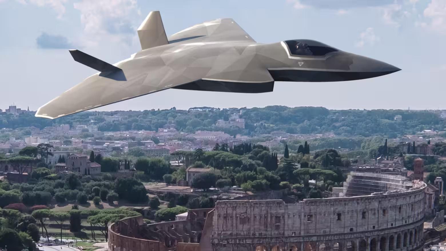 Futuristic stealth fighter jet flying above the Colosseum in Rome, blending modern military technology with historic European landmarks.